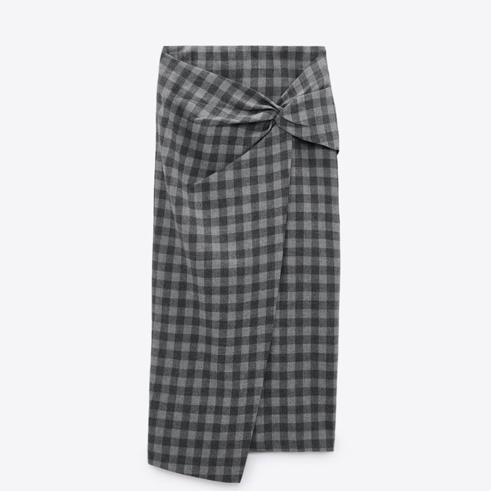 Zara Grey Gingham Midi Wrap Skirt